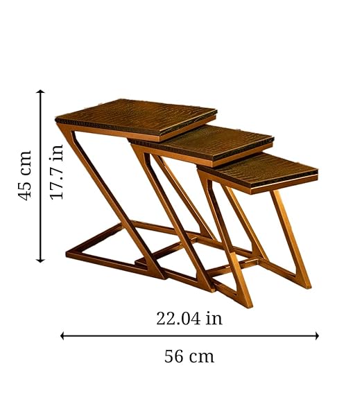Three Sixty Nesting Coffee Tables for Living Room Decor Small Center Tables Set of 3 | Croco Embossed Leather Top and Gold Z-Frame - Green