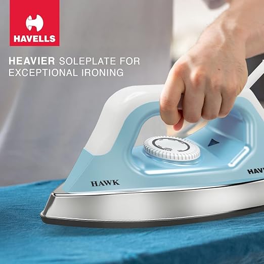 Havells Hawk 1100 Watt Heavy Weight Dry Iron American Heritage with Non Stick Sole Plate, Aerodynamic Design, Easy Grip Temperature Knob and 2 Years Warranty. (Blue & White)