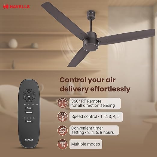 Havells FAB BLDC Ceiling Fan 1200mm, 380 RPM, Upto 65% Savings, Reverse Rotation, 4 Modes (Boost, Sleep, Breeze, Mop), Low Wattage 30W, Low Noise, Air Flow: 225 CMM, 3 Years Warranty, Cocoa Brown
