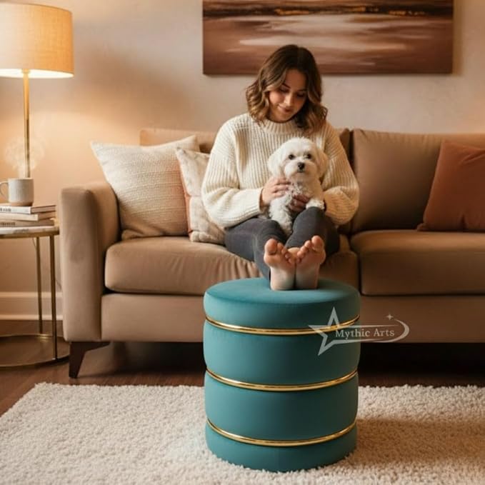 Wooden Puffy Round Footstool and Ottoman Stool for Living Room Furnishings, Sitting Pouffe Ottoman Stool, Office Stool, and Room Decor Aqua