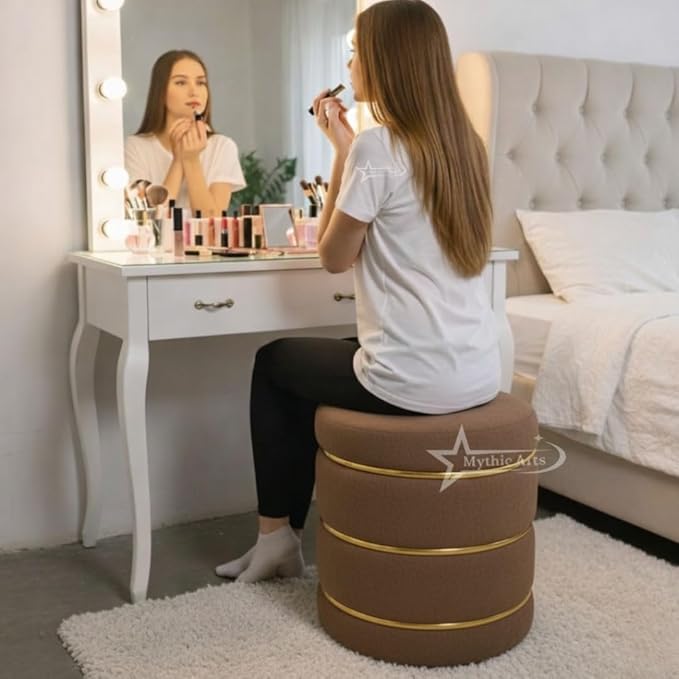 Wooden Puffy Round Footstool and Ottoman Stool for Living Room Furnishings, Sitting Pouffe Ottoman Stool, Office Stool, and Room Decor Brown