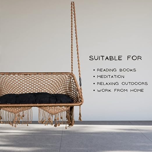 Curio Centre Make in India Premium Rectangular Double Seater Hanging Swing Chair/2 Seater Swing for Gardenswing Ideal for Outdoor and Indoor/Swing Chair with Black Cushion (Coffee - 46''x18''x 61'')