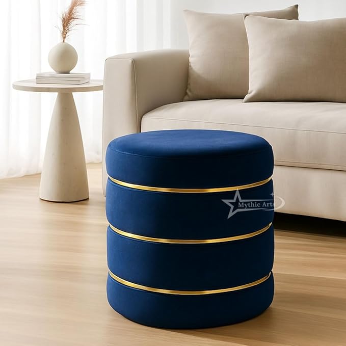 Wooden Puffy Round Footstool and Ottoman Stool for Living Room Furnishings, Sitting Pouffe Ottoman Stool, Office Stool, and Room Decor Blue