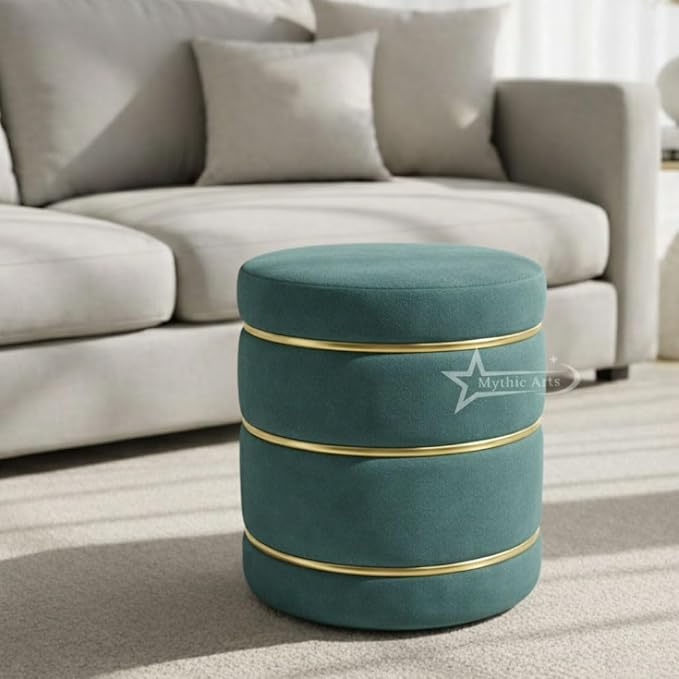 Wooden Puffy Round Footstool and Ottoman Stool for Living Room Furnishings, Sitting Pouffe Ottoman Stool, Office Stool, and Room Decor Aqua