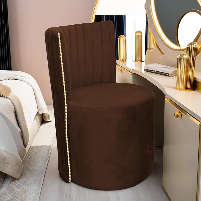 Luxury Velvet Ottoman Chair Pouffe Stool | Modern Round Soft-Padded Seating with Backrest for Living Room, Dining Room, Bedroom, Cafeteria & Dressing Area | Elegant Upholstered Chair (Brown)