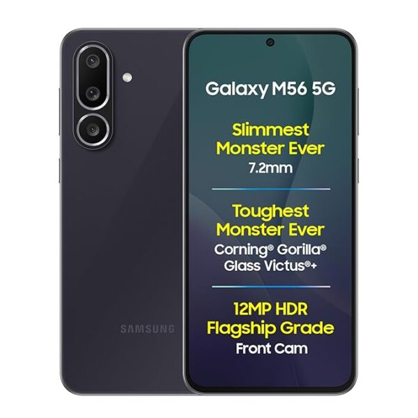 Samsung Galaxy M56 5G Mobile (Black, 8GB RAM, 128GB Storage)| Segment's Slimmest | Gorilla Glass Victus+| 10 Bit HDR Video| 50MP Camera| AI | Vapour Cooling Chamber| Lag-Free Gaming| Without Charger