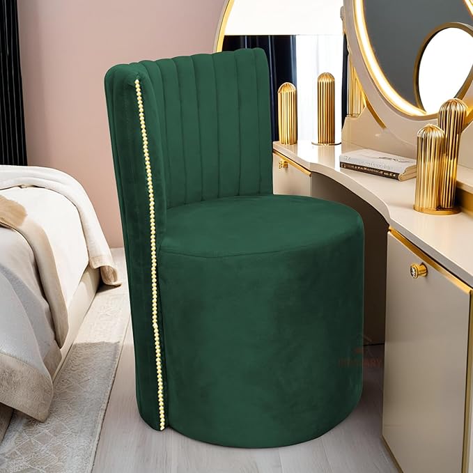 Luxury Velvet Ottoman Chair Pouffe Stool | Modern Round Soft-Padded Seating with Backrest for Living Room, Dining Room, Bedroom, Cafeteria & Dressing Area | Elegant Upholstered Chair (Green)