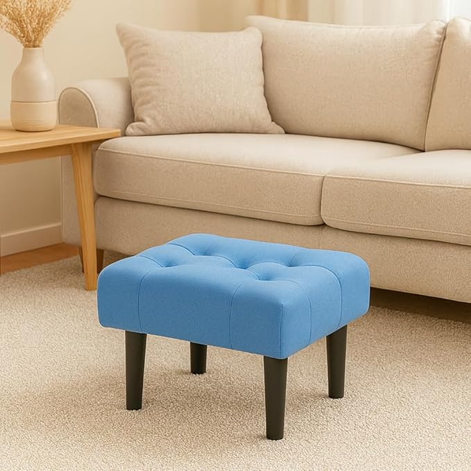 Small Footstool Ottoman, Velvet Soft Footrest Ottoman with Wood Legs? Sofa Footrest Extra Seating for Living Room Entryway Office - Sky