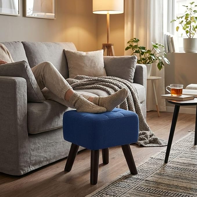 Luxurious Pouffes Home Decoration Ottoman Sitting Stool Soft Padded Foot Stool with Solid Wood Legs Sofa Footrest Additional Seating Couch in The Dressing Office and Living Room (Blue)
