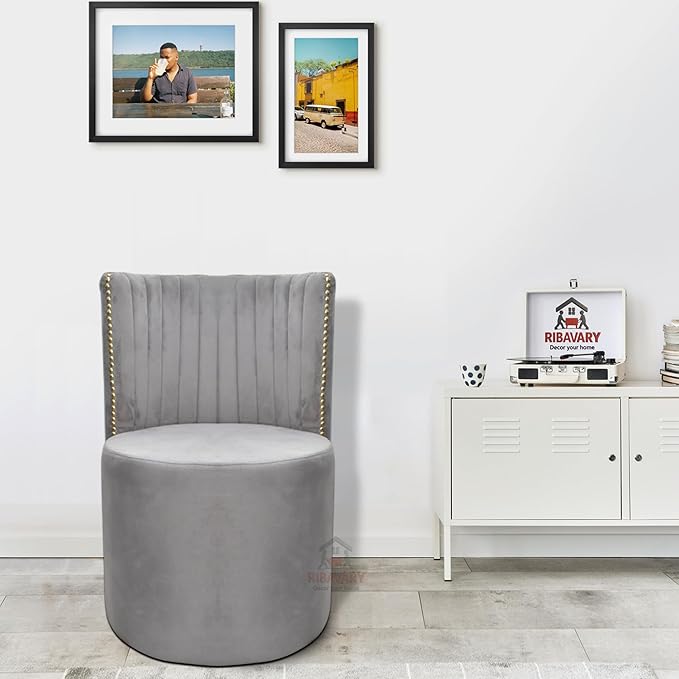 Luxury Velvet Ottoman Chair Pouffe Stool | Modern Round Soft-Padded Seating with Backrest for Living Room, Dining Room, Bedroom, Cafeteria & Dressing Area | Elegant Upholstered Chair (Grey)