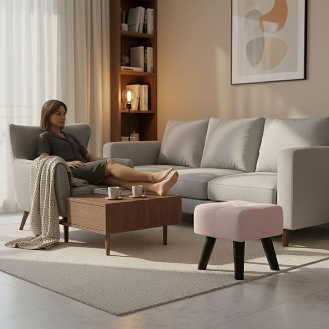 Luxurious Pouffes Home Decoration Ottoman Sitting Stool Soft Padded Foot Stool with Solid Wood Legs Sofa Footrest Additional Seating Couch in The Dressing Office and Living Room (Baby Pink)