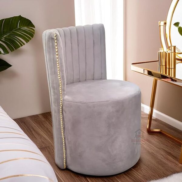 Luxury Velvet Ottoman Chair Pouffe Stool | Modern Round Soft-Padded Seating with Backrest for Living Room, Dining Room, Bedroom, Cafeteria & Dressing Area | Elegant Upholstered Chair (Grey)