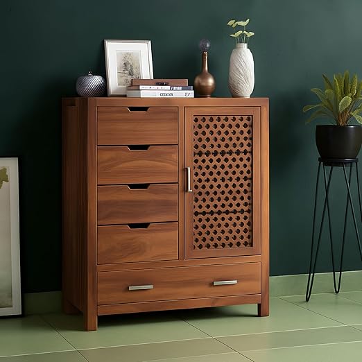 Solimo Solid Sheesham Wood Truva Sideboard Cabinet with 5 Drawers and 1-Door Storage | Multipurpose Wooden Organizer Unit for Living Room, Kitchen, Hall and Crockery Storage (Honey Finish)