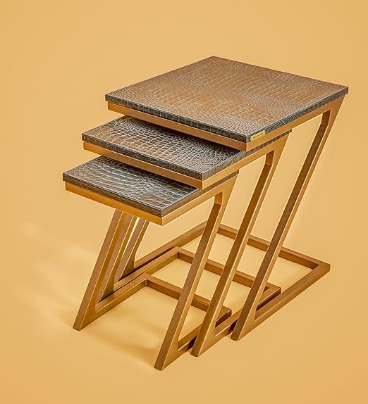 Three Sixty Nesting Coffee Tables for Living Room Decor Small Center Tables Set of 3 | Croco Embossed Leather Top and Gold Z-Frame - Blue