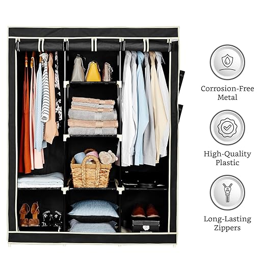 Solimo 3-Door Foldable Plastic Wardrobe, 8 Racks, Black, 126 cm, 44 cm, 162 cm