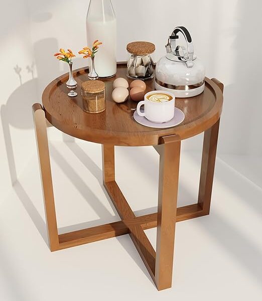 Patio Folding Coffee Table Walnut Finish, Balcony and Garden Table Bistro Side Table, Outdoor Wooden Round Portable End Table Picnic Table for Camping and Dining