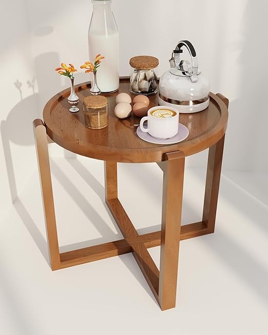 Patio Folding Coffee Table Walnut Finish, Balcony and Garden Table Bistro Side Table, Outdoor Wooden Round Portable End Table Picnic Table for Camping and Dining