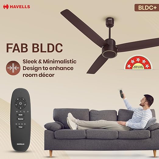 Havells FAB BLDC Ceiling Fan 1200mm, 380 RPM, Upto 65% Savings, Reverse Rotation, 4 Modes (Boost, Sleep, Breeze, Mop), Low Wattage 30W, Low Noise, Air Flow: 225 CMM, 3 Years Warranty, Brown