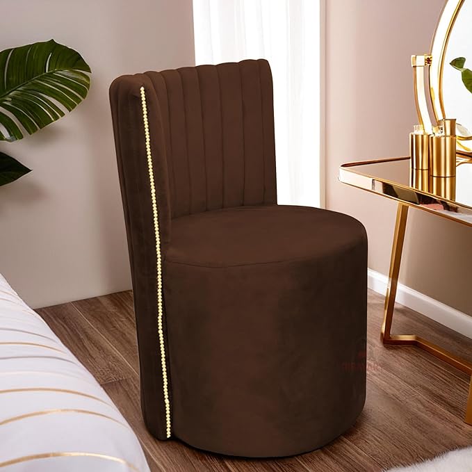Luxury Velvet Ottoman Chair Pouffe Stool | Modern Round Soft-Padded Seating with Backrest for Living Room, Dining Room, Bedroom, Cafeteria & Dressing Area | Elegant Upholstered Chair (Brown)