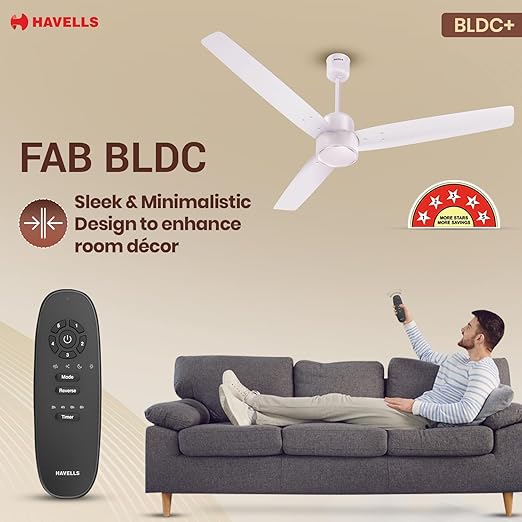 Havells FAB BLDC Ceiling Fan 1200mm (Made in India), 380 RPM, Upto 65% Savings, Reverse Rotation, 4 Modes (Boost, Sleep, Breeze, Mop), Low Wattage 30W, Low Noise, Air Flow: 225 CMM, 3Y Warranty, Blush Ivory