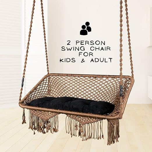 Curio Centre Make in India Premium Rectangular Double Seater Hanging Swing Chair/2 Seater Swing for Gardenswing Ideal for Outdoor and Indoor/Swing Chair with Black Cushion (Coffee - 46''x18''x 61'')