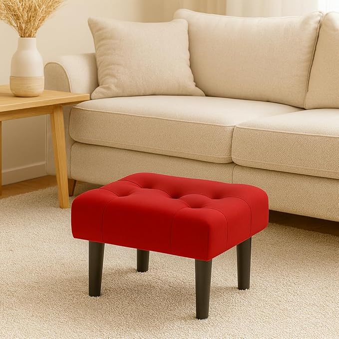 Small Footstool Ottoman, Velvet Soft Footrest Ottoman with Wood Legs? Sofa Footrest Extra Seating for Living Room Entryway Office - RED
