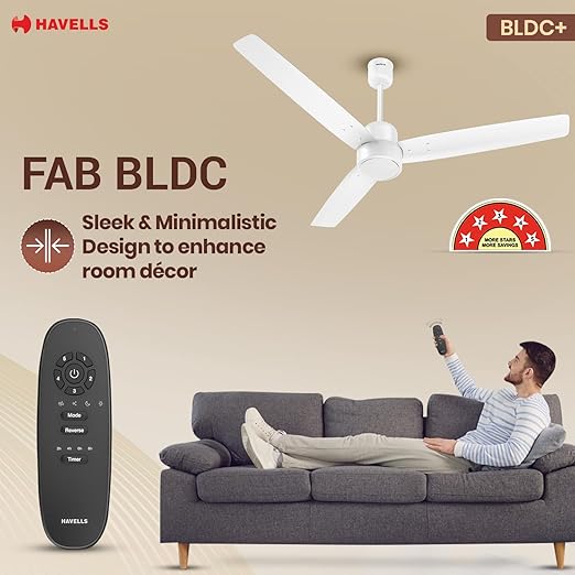 Havells FAB BLDC Ceiling Fan 1200mm, 380 RPM, Upto 65% Savings, Reverse Rotation, 4 Modes (Boost, Sleep, Breeze, Mop), Low Wattage 30W, Low Noise, Air Flow: 225 CMM, 3 Years Warranty, Elegant White