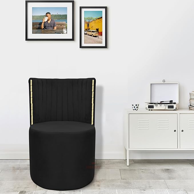 Luxury Velvet Ottoman Chair Pouffe Stool | Modern Round Soft-Padded Seating with Backrest for Living Room, Dining Room, Bedroom, Cafeteria & Dressing Area | Elegant Upholstered Chair (Black)