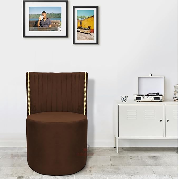 Luxury Velvet Ottoman Chair Pouffe Stool | Modern Round Soft-Padded Seating with Backrest for Living Room, Dining Room, Bedroom, Cafeteria & Dressing Area | Elegant Upholstered Chair (Brown)