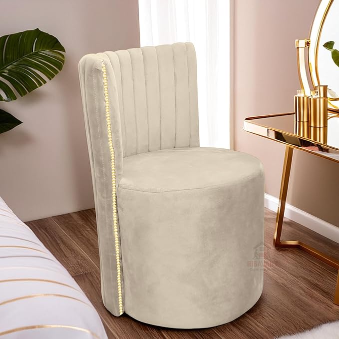 Luxury Velvet Ottoman Chair Pouffe Stool | Modern Round Soft-Padded Seating with Backrest for Living Room, Dining Room, Bedroom, Cafeteria & Dressing Area | Elegant Upholstered Chair (Cream)