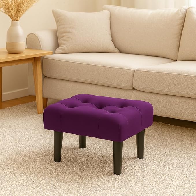 Small Footstool Ottoman, Velvet Soft Footrest Ottoman with Wood Legs? Sofa Footrest Extra Seating for Living Room Entryway Office - Purple