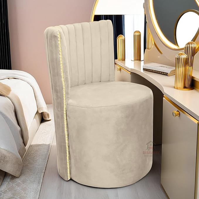 Luxury Velvet Ottoman Chair Pouffe Stool | Modern Round Soft-Padded Seating with Backrest for Living Room, Dining Room, Bedroom, Cafeteria & Dressing Area | Elegant Upholstered Chair (Cream)