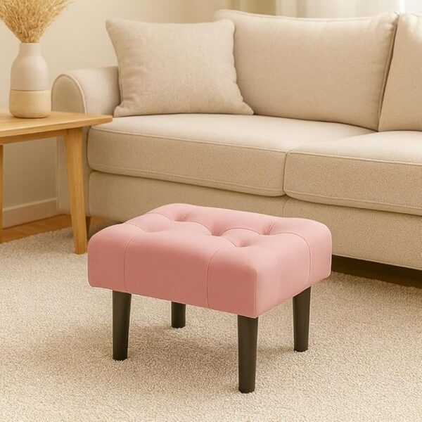 Small Footstool Ottoman, Velvet Soft Footrest Ottoman with Wood Legs? Sofa Footrest Extra Seating for Living Room Entryway Office - Pink