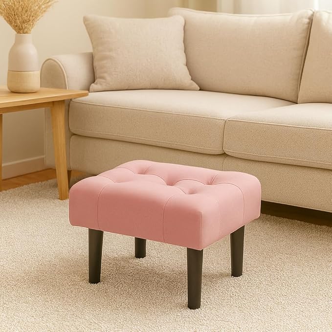 Small Footstool Ottoman, Velvet Soft Footrest Ottoman with Wood Legs? Sofa Footrest Extra Seating for Living Room Entryway Office - Pink