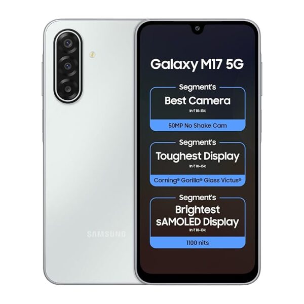 Samsung Galaxy M17 5G Mobile (Moonlight Silver, 4GB RAM, 128GB Storage) | 50MP OIS Triple Camera | Gorilla Glass Victus| IP54 | 6 Gen OS Upgrades | AI | Gemini Live | Lag-free Gaming | Without Charger