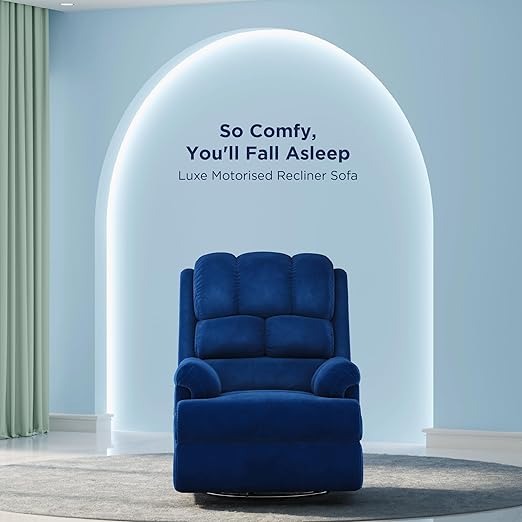 The Sleep Company Luxe Motorized Standard Recliner | Patented SmartGrid Technology | Motorized Single Recliner Sofa | Unique Lumbar Design | Premium Upholstery | Blue | Free Installation