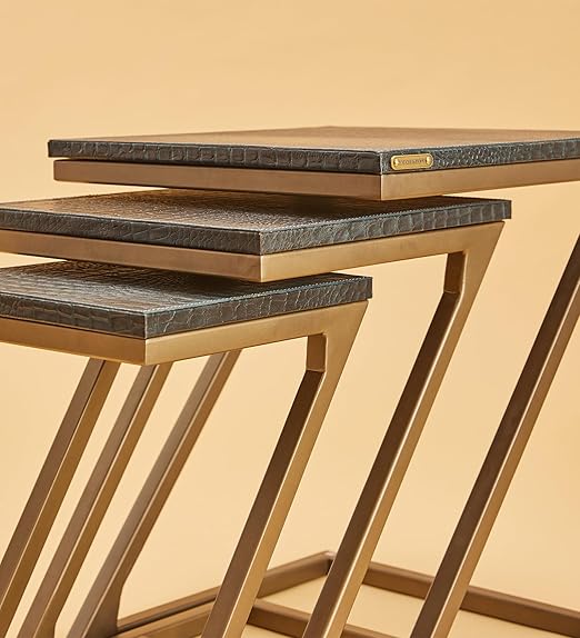 Three Sixty Nesting Coffee Tables for Living Room Decor Small Center Tables Set of 3 | Croco Embossed Leather Top and Gold Z-Frame - Blue