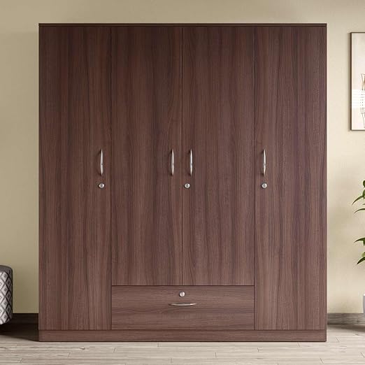 GODREJ INTERIO Wardrobe EWA 4-Door Engineered Wood Wardrobe for Clothes (Brown), 1 Year Warranty, 8 Shelves, 1 Drawer