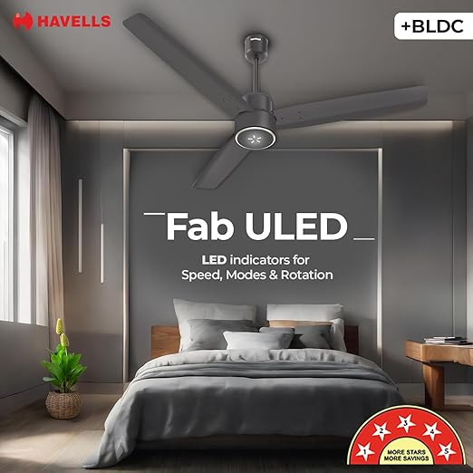 Havells FAB BLDC ULED Ceiling Fan 1200mm, 5 Star, LED Speed ??Indicator, 380 RPM, Upto 65% Savings, Reverse Rotation, 4 Speed ??Modes, Low Wattage 30W, Low Noise, Air Flow: 225 CMM, 3 Years Warranty, Smoke Brown