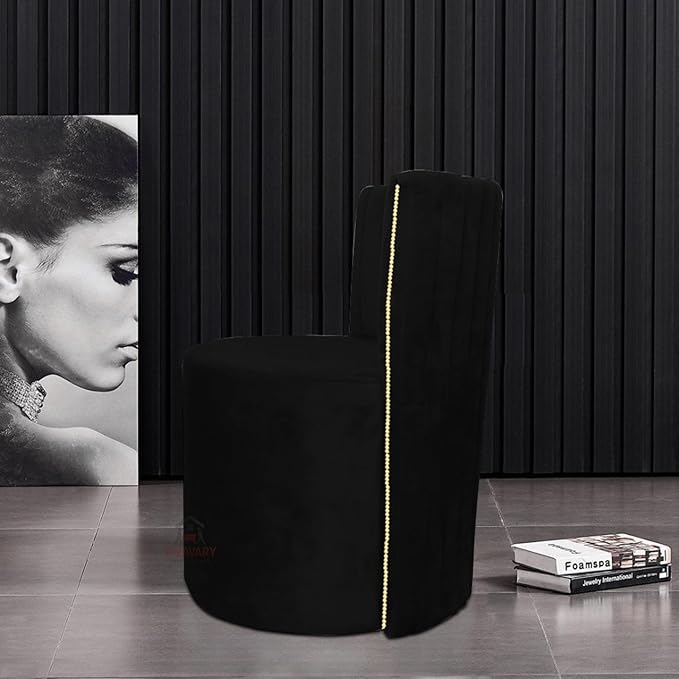 Luxury Velvet Ottoman Chair Pouffe Stool | Modern Round Soft-Padded Seating with Backrest for Living Room, Dining Room, Bedroom, Cafeteria & Dressing Area | Elegant Upholstered Chair (Black)