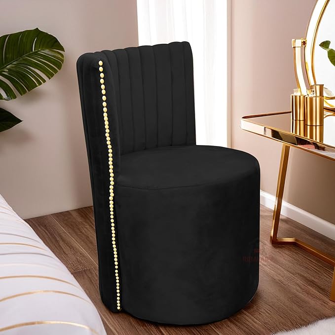 Luxury Velvet Ottoman Chair Pouffe Stool | Modern Round Soft-Padded Seating with Backrest for Living Room, Dining Room, Bedroom, Cafeteria & Dressing Area | Elegant Upholstered Chair (Black)