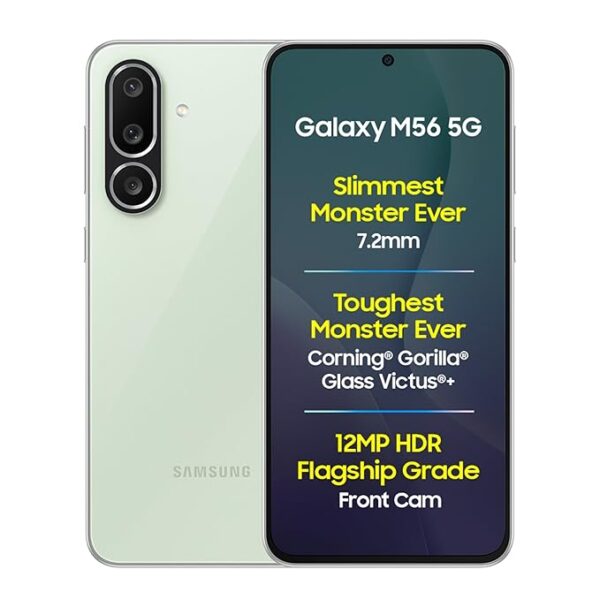 Samsung Galaxy M56 5G Mobile (Light Green, 8GB RAM, 128GB Storage)| Segment's Slimmest | Gorilla Glass Victus+| 10 Bit HDR Video| 50MP Camera| AI | Vapour Cooling Chamber| Lag-Free Gaming| Without Charger