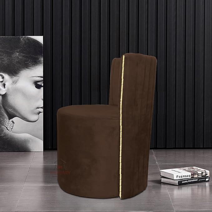 Luxury Velvet Ottoman Chair Pouffe Stool | Modern Round Soft-Padded Seating with Backrest for Living Room, Dining Room, Bedroom, Cafeteria & Dressing Area | Elegant Upholstered Chair (Brown)