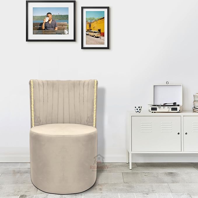 Luxury Velvet Ottoman Chair Pouffe Stool | Modern Round Soft-Padded Seating with Backrest for Living Room, Dining Room, Bedroom, Cafeteria & Dressing Area | Elegant Upholstered Chair (Cream)