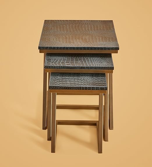 Three Sixty Nesting Coffee Tables for Living Room Decor Small Center Tables Set of 3 | Croco Embossed Leather Top and Gold Z-Frame - Blue