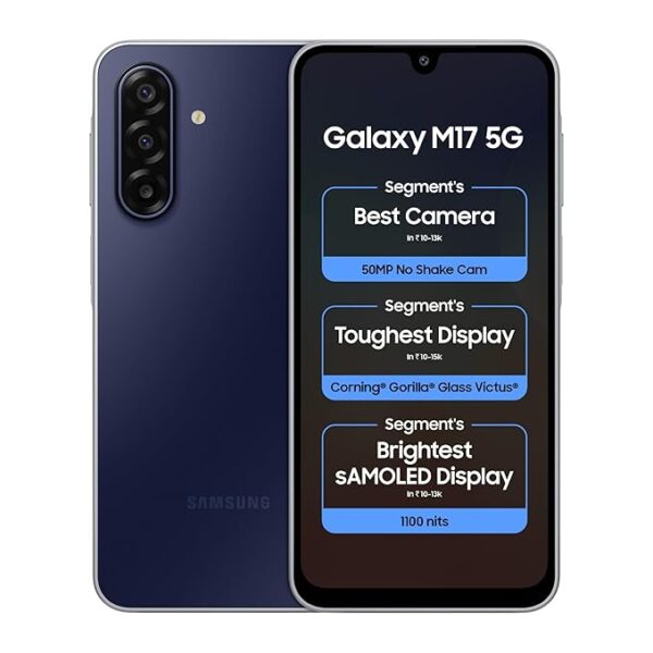 Samsung Galaxy M17 5G Mobile (Sapphire Black, 4GB RAM, 128GB Storage) | 50MP OIS Triple Camera | Gorilla Glass Victus| IP54 | 6 Gen OS Upgrades | AI | Gemini Live | Lag-free Gaming | Without Charger