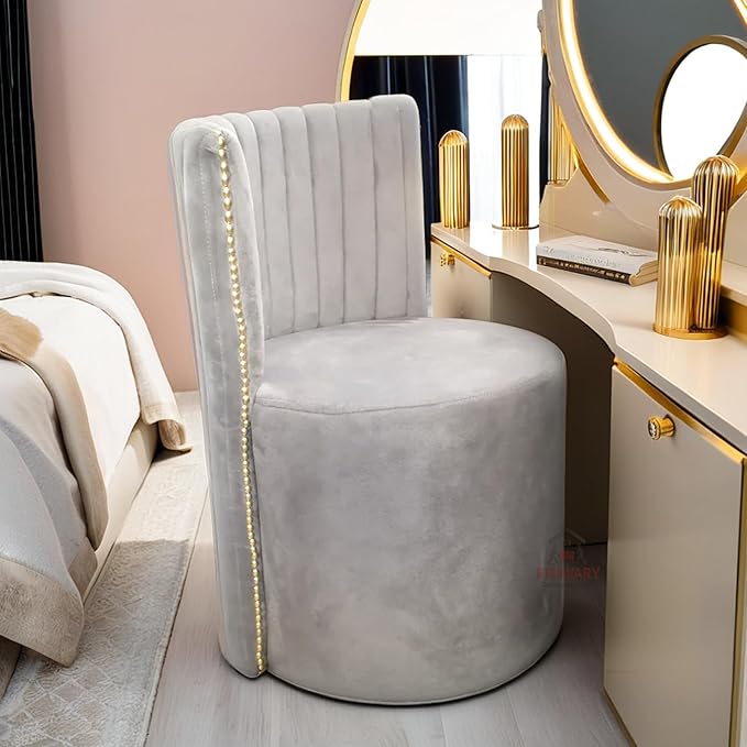 Luxury Velvet Ottoman Chair Pouffe Stool | Modern Round Soft-Padded Seating with Backrest for Living Room, Dining Room, Bedroom, Cafeteria & Dressing Area | Elegant Upholstered Chair (Grey)