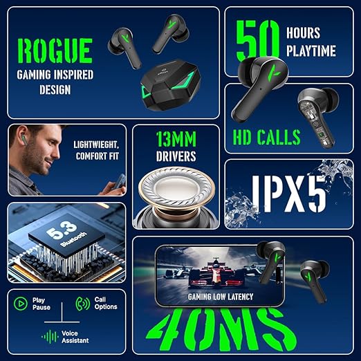 pTron Bassbuds Rogue W/ 40Ms Low-Latency Gaming,Clear Calls,50Hrs Playtime,Pristine Sound,V5.3 Bluetooth in Ear Headphones,Snug-Fit,RGB Lights,Touch Control,Voice Assist,IPX5 Water Resistant(Black)