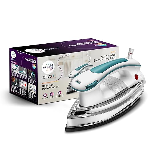 Wipro Elato GD203 1200 Watt Heavyweight Dry Iron, Quick Heat Up, Anti Bacterial German Weilburger Dual Coated Soleplate, 5 Modes, Dry Iron Press, Wrinkle Free Clothes in One Shot, 2 Year Warranty, Blue