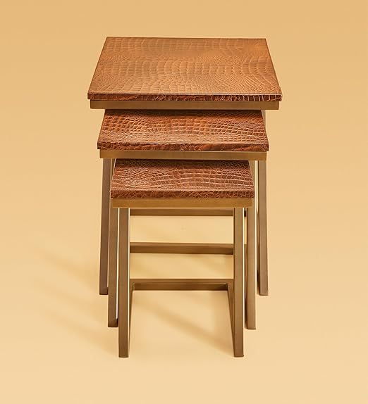 Three Sixty Nesting Coffee Tables for Living Room Decor Small Center Tables Set of 3 | Croco Embossed Leather Top and Gold Z-Frame - Tan